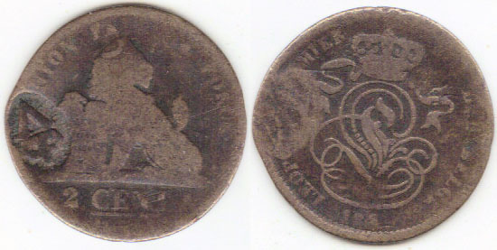 Belgium 2 Centimes (counter stamped) A000533